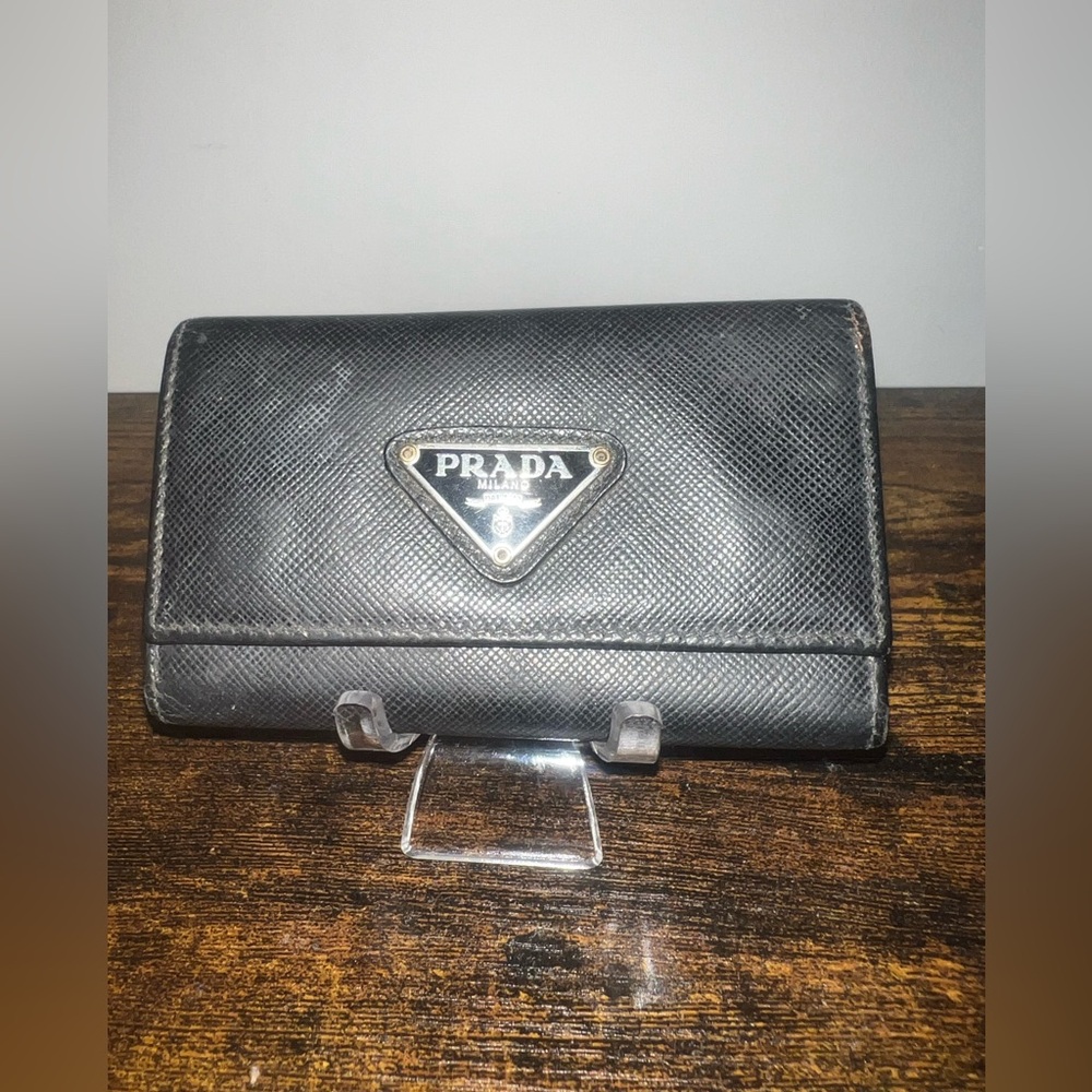 Prada Black Saffiano Leather Key & Card Holder with Gold Logo